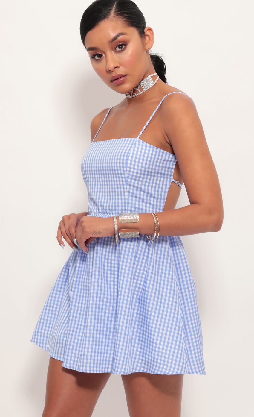 Picture Janey Gingham A-line Dress in Blue. Source: https://media-img.lucyinthesky.com/data/Jun19_2/850xAUTO/781A7087.JPG