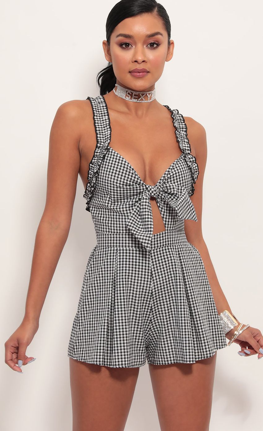 Picture Blair Front Tie Romper in Gingham. Source: https://media-img.lucyinthesky.com/data/Jun19_2/850xAUTO/781A7150.JPG