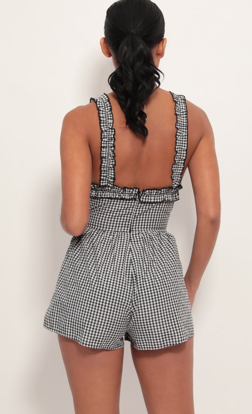 Picture Blair Front Tie Romper in Gingham. Source: https://media-img.lucyinthesky.com/data/Jun19_2/850xAUTO/781A7176.JPG