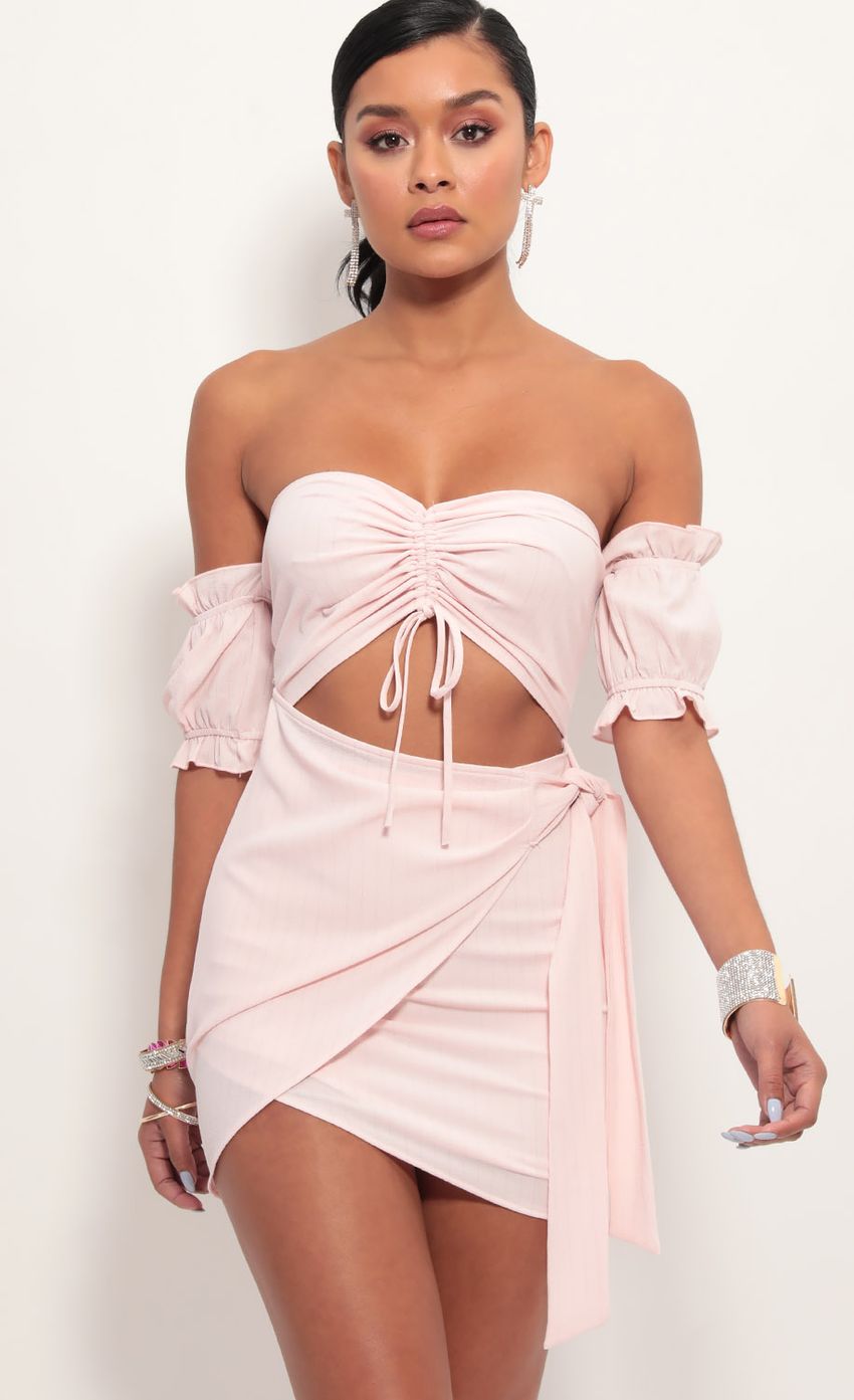 Picture Kaylee Chiffon Wrap Dress in Pink Pinstripes. Source: https://media-img.lucyinthesky.com/data/Jun19_2/850xAUTO/781A7969.JPG
