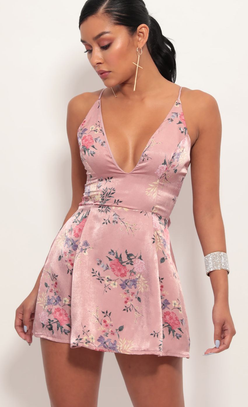 Picture Olivia Floral Satin Mini Dress In Mauve. Source: https://media-img.lucyinthesky.com/data/Jun19_2/850xAUTO/781A8795.JPG