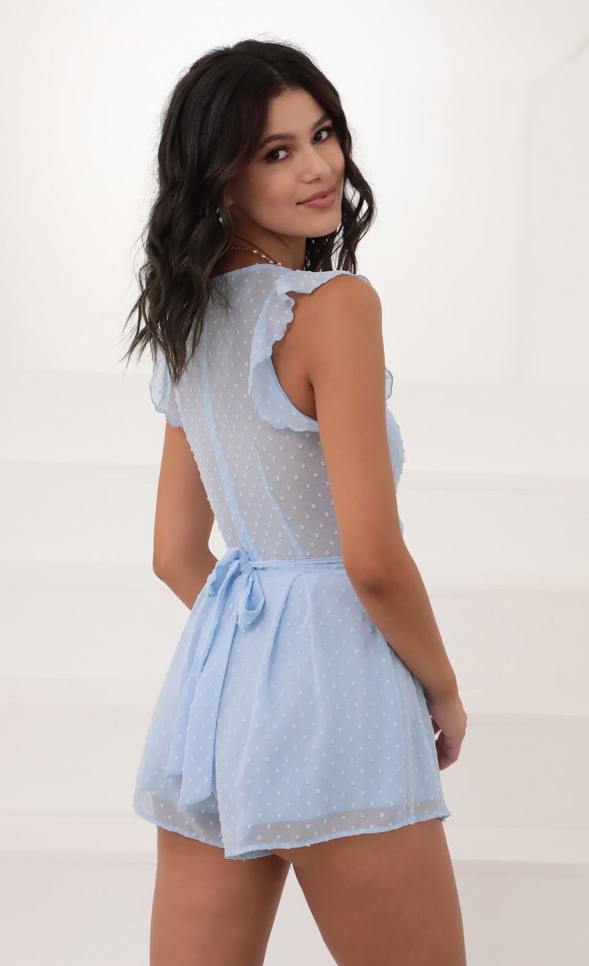 Picture Blair Front Tie Romper in Blue Dots. Source: https://media-img.lucyinthesky.com/data/Jun20_1/850xAUTO/781A0581.JPG