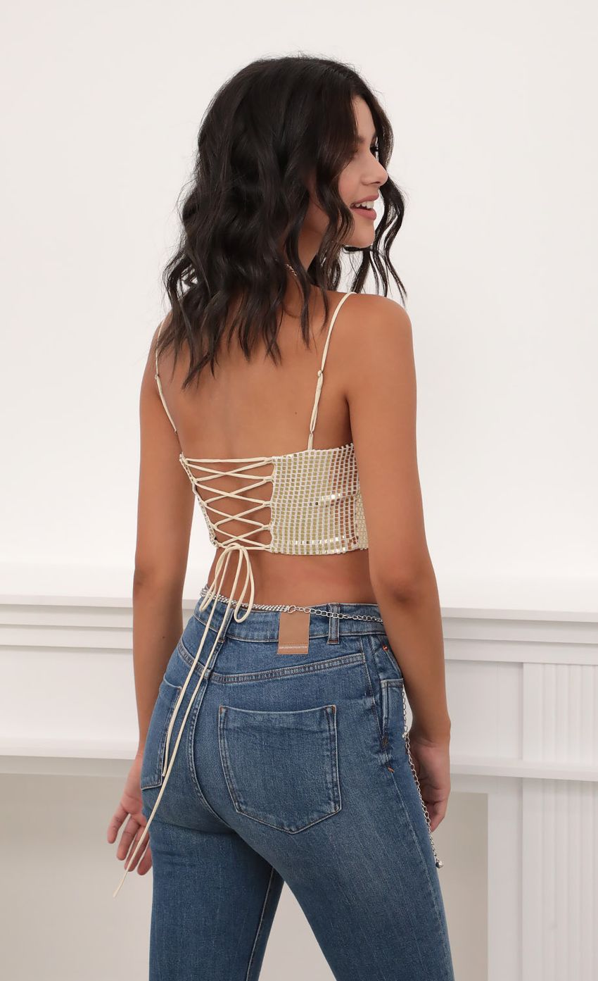 Picture Mirror Sequin Strappy Crop Top. Source: https://media-img.lucyinthesky.com/data/Jun20_1/850xAUTO/781A1677.JPG