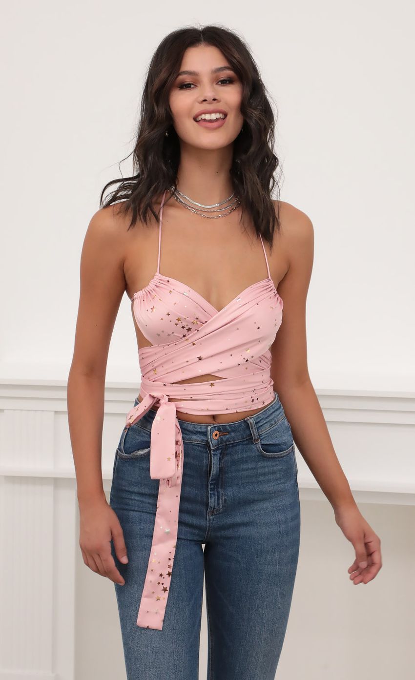 Picture Daylight Star Satin Bow Tie Top in Pink. Source: https://media-img.lucyinthesky.com/data/Jun20_1/850xAUTO/781A1990.JPG