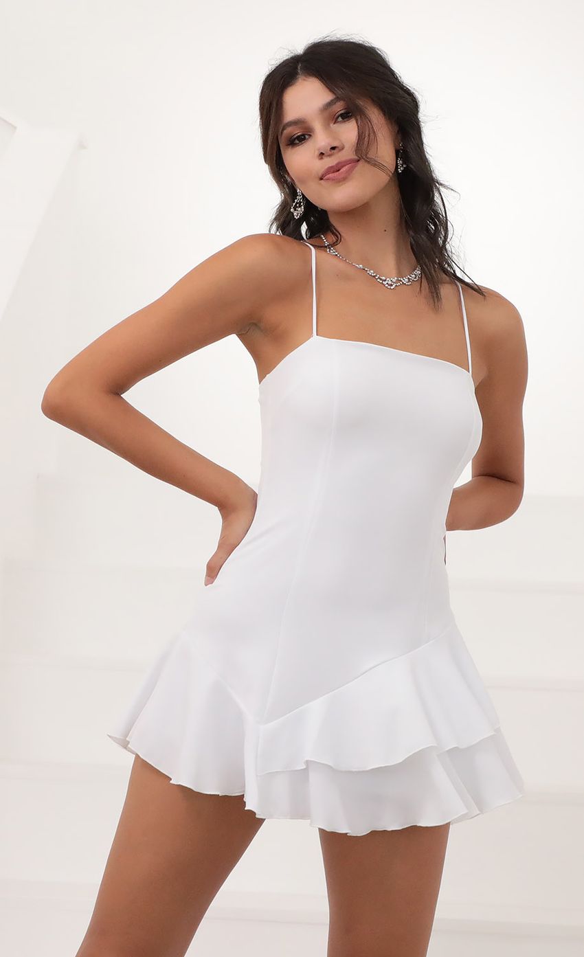 Picture Asymmetrical Frill Dress in White. Source: https://media-img.lucyinthesky.com/data/Jun20_1/850xAUTO/781A3068.JPG