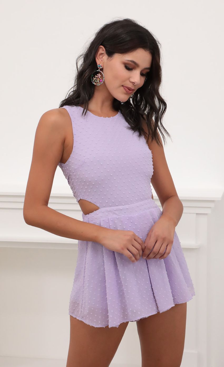Picture Alena Chiffon Romper in Lilac Dots. Source: https://media-img.lucyinthesky.com/data/Jun20_1/850xAUTO/781A44561.JPG