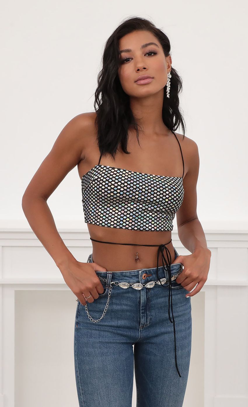 Picture Kyra Mirror Sequin Strappy Crop Top in Black. Source: https://media-img.lucyinthesky.com/data/Jun20_2/850xAUTO/781A0522.JPG