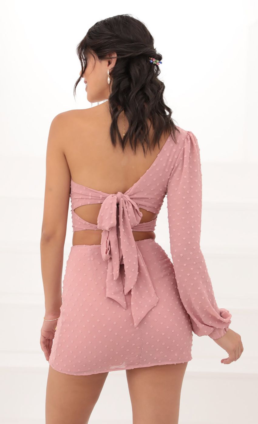 Picture One Shoulder Puff Sleeve Set in Mauve Dots. Source: https://media-img.lucyinthesky.com/data/Jun20_2/850xAUTO/781A1547.JPG