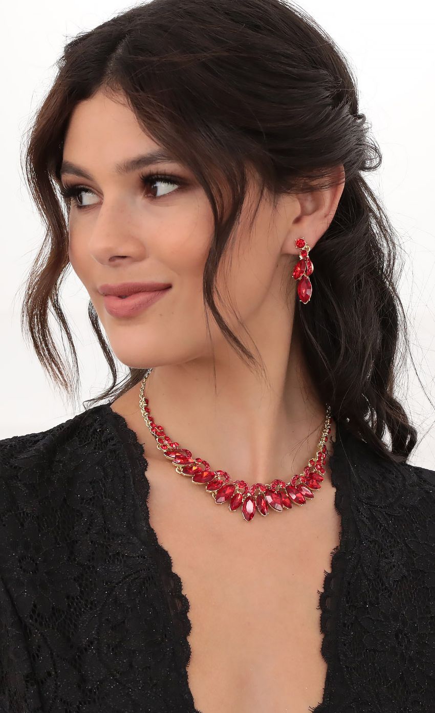 Picture Chantae Red Crystal Necklace &amp; Earrings Set. Source: https://media-img.lucyinthesky.com/data/Jun20_2/850xAUTO/781A2655L.JPG