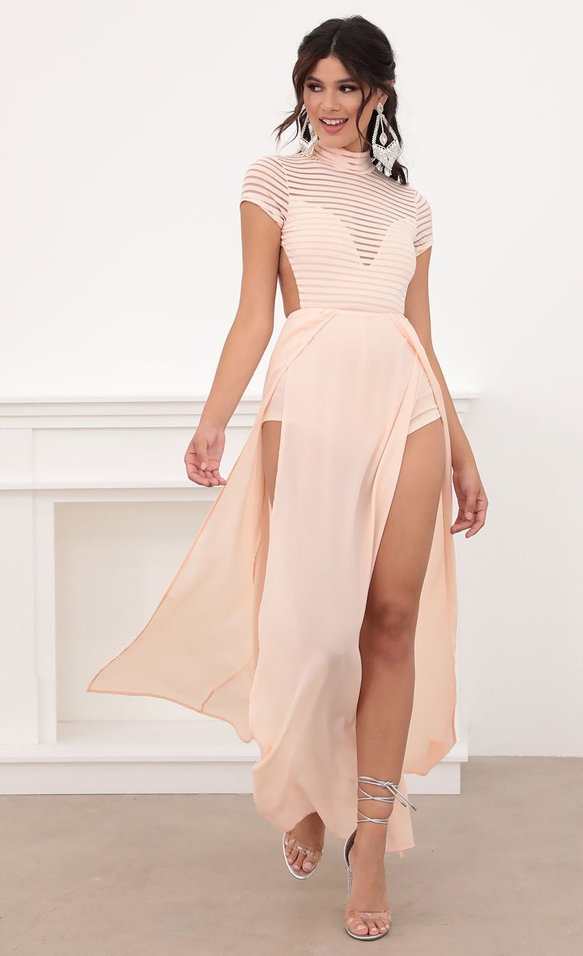 Picture Couture Strip Mesh Maxi in Blush. Source: https://media-img.lucyinthesky.com/data/Jun20_2/850xAUTO/781A3356.JPG