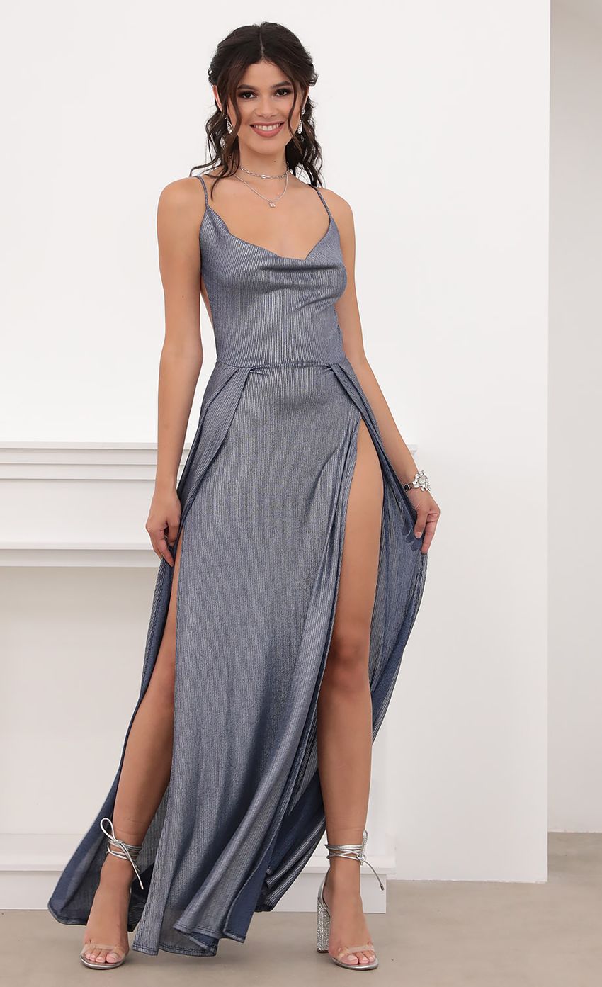 Picture Dion Metallic Maxi Dress in Navy. Source: https://media-img.lucyinthesky.com/data/Jun20_2/850xAUTO/781A3777.JPG