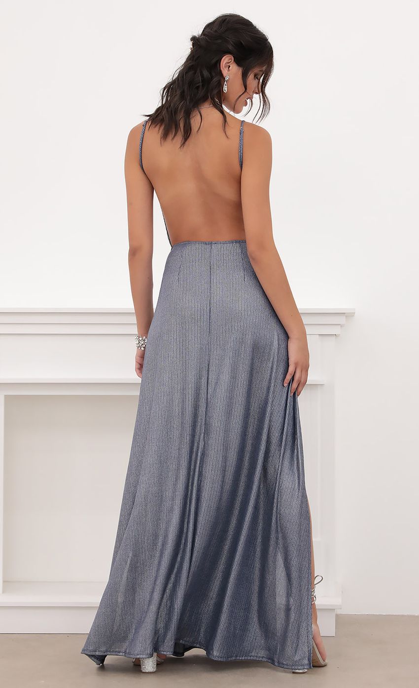 Picture Dion Metallic Maxi Dress in Navy. Source: https://media-img.lucyinthesky.com/data/Jun20_2/850xAUTO/781A3902.JPG