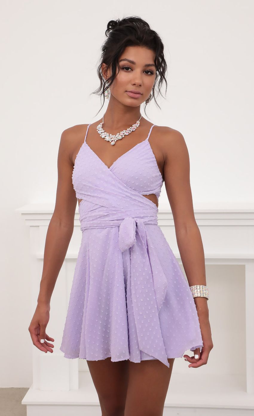 Picture Jillian Chiffon Wrap Dress in Lavender Dots. Source: https://media-img.lucyinthesky.com/data/Jun20_2/850xAUTO/781A6785.JPG