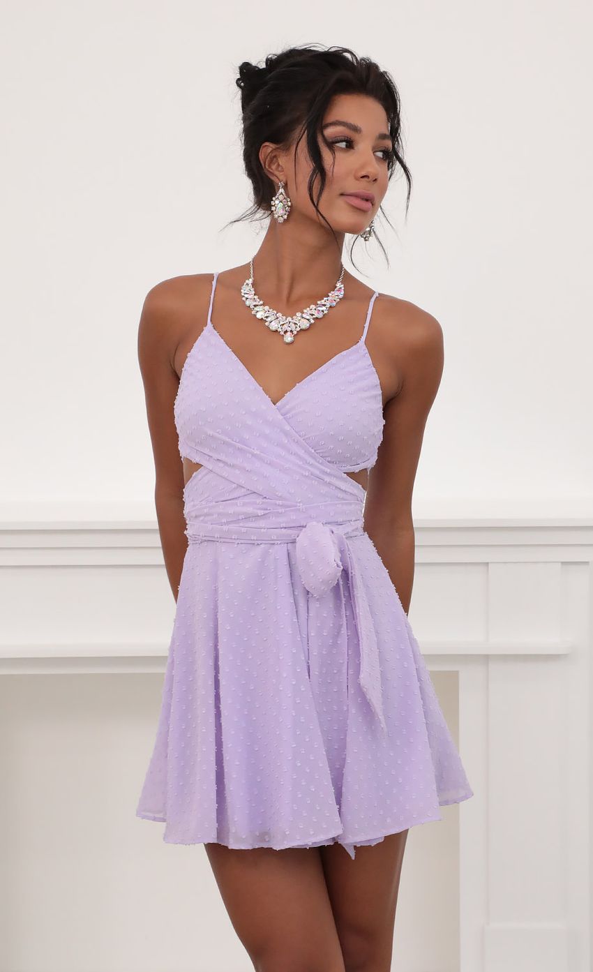Picture Jillian Chiffon Wrap Dress in Lavender Dots. Source: https://media-img.lucyinthesky.com/data/Jun20_2/850xAUTO/781A6827.JPG