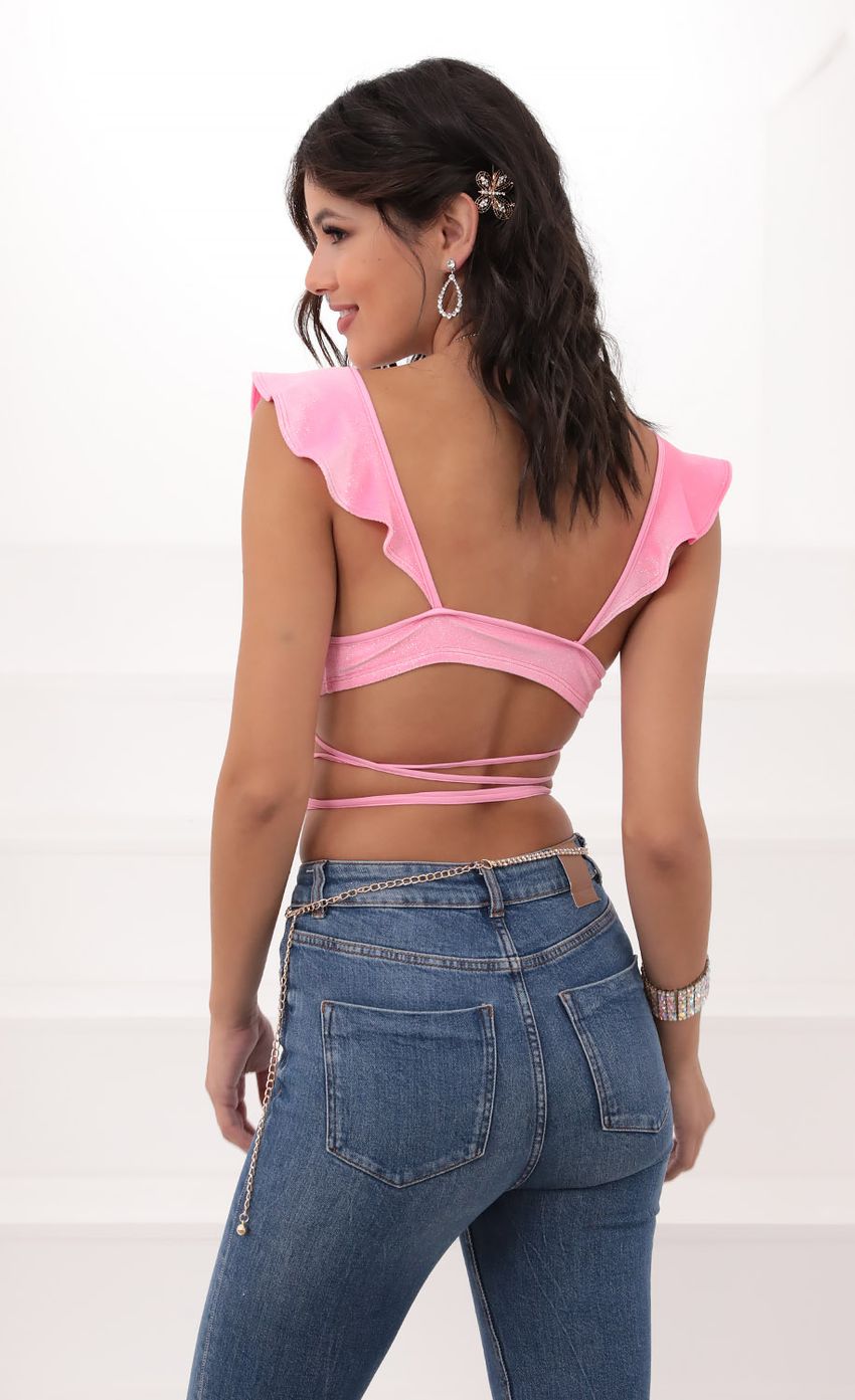 Picture Madison Ruffle Crop Top in Pink Velvet. Source: https://media-img.lucyinthesky.com/data/Jun20_2/850xAUTO/781A9500.JPG
