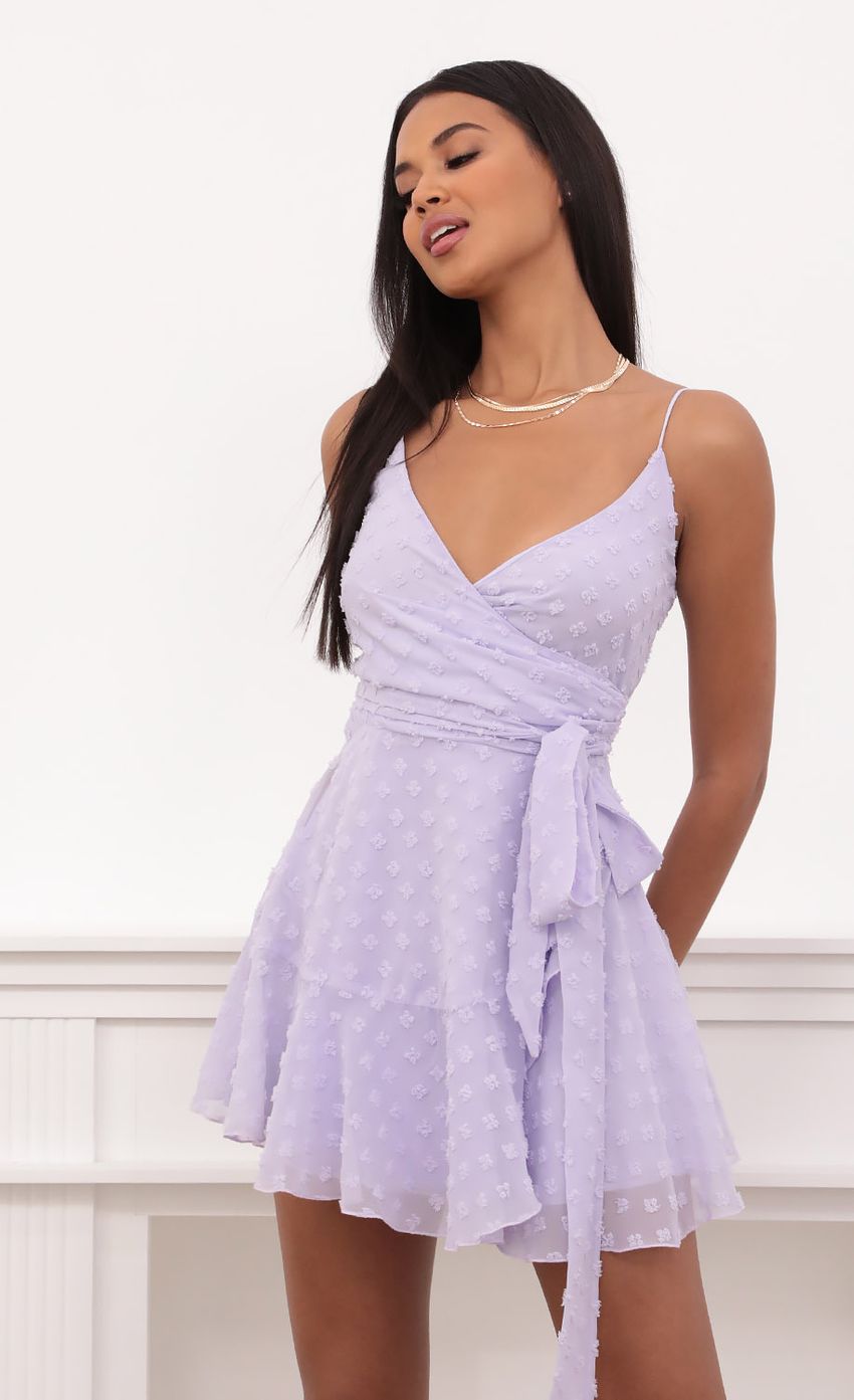 Picture Ava Wrap Dress in Lavender Fil Coupe. Source: https://media-img.lucyinthesky.com/data/Jun21_1/850xAUTO/1V9A0186.JPG