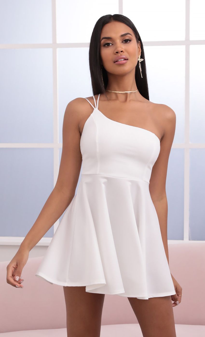 Picture Aylah One Shoulder Dress in White. Source: https://media-img.lucyinthesky.com/data/Jun21_1/850xAUTO/1V9A1115.JPG