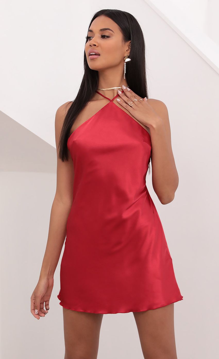 Picture Halter Satin Slip Dress in Red. Source: https://media-img.lucyinthesky.com/data/Jun21_1/850xAUTO/1V9A1357.JPG