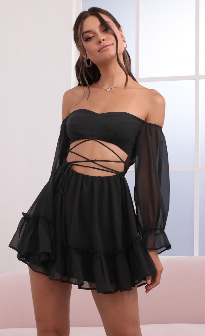 Picture Cutout Off The Shoulder Dress in Black. Source: https://media-img.lucyinthesky.com/data/Jun21_2/850xAUTO/1V9A1144L.JPG