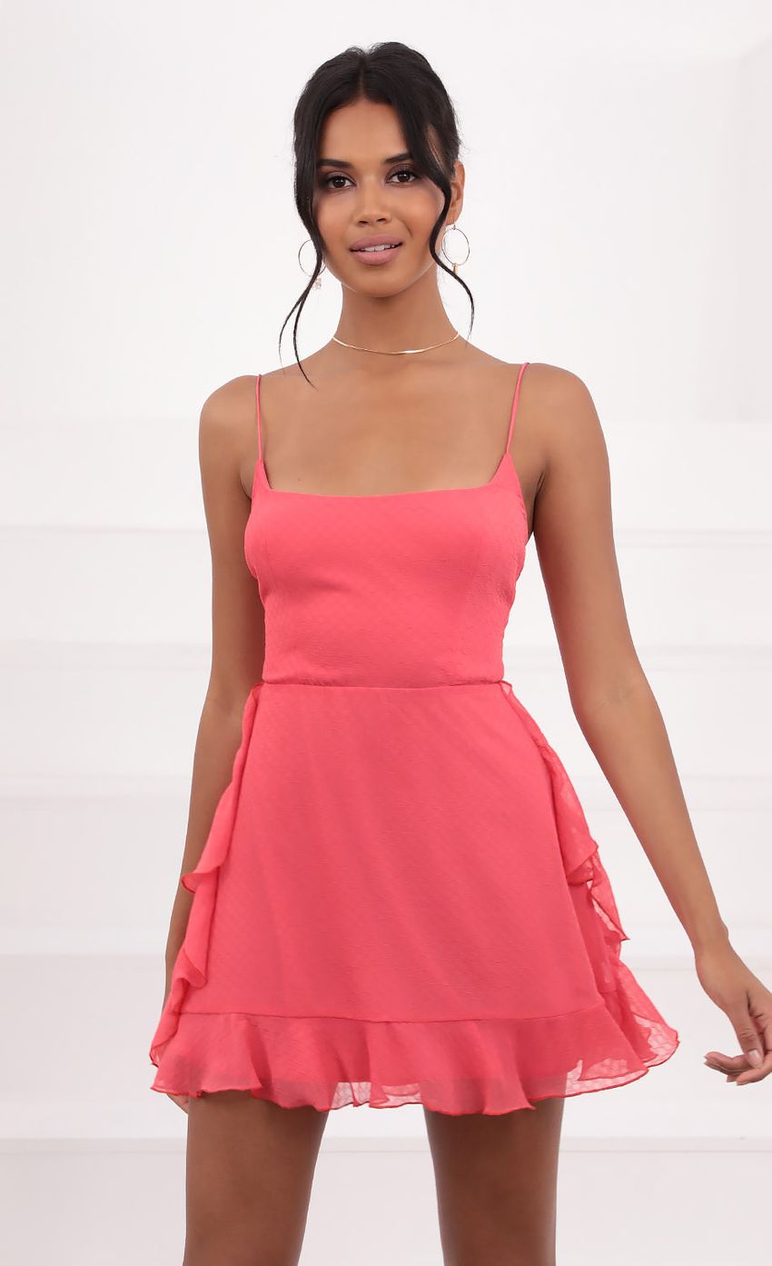 Picture Chiffon Mini Dress in Coral. Source: https://media-img.lucyinthesky.com/data/Jun21_2/850xAUTO/1V9A1323.JPG