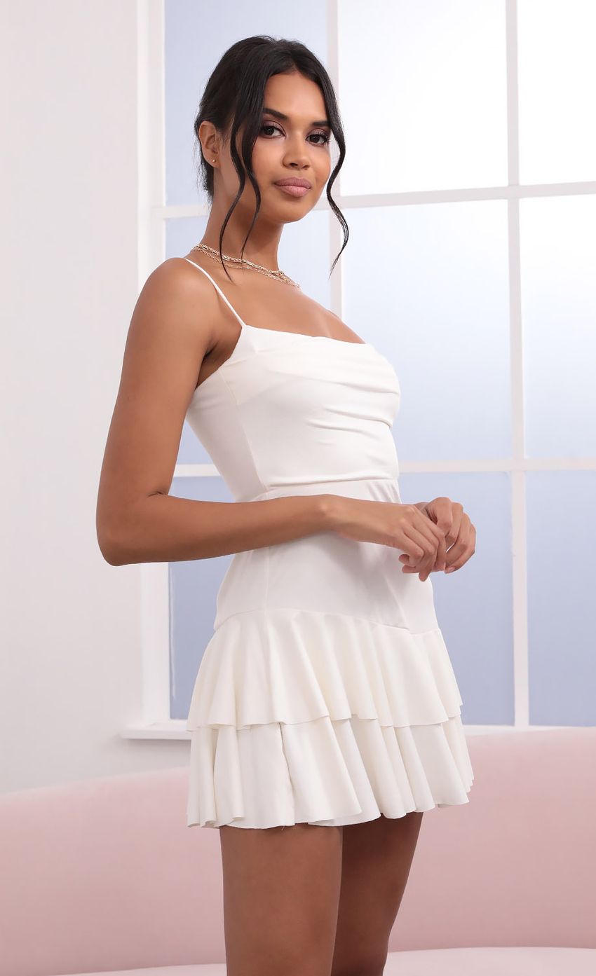 Picture Double Ruffle Suede Dress in White. Source: https://media-img.lucyinthesky.com/data/Jun21_2/850xAUTO/1V9A1459.JPG