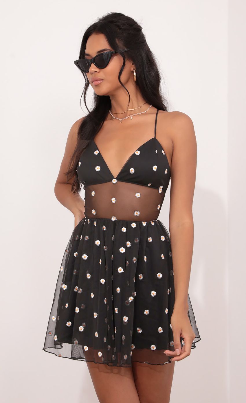 Picture Daisy Mesh A-Line Dress in Black. Source: https://media-img.lucyinthesky.com/data/Jun21_2/850xAUTO/1V9A3363.JPG