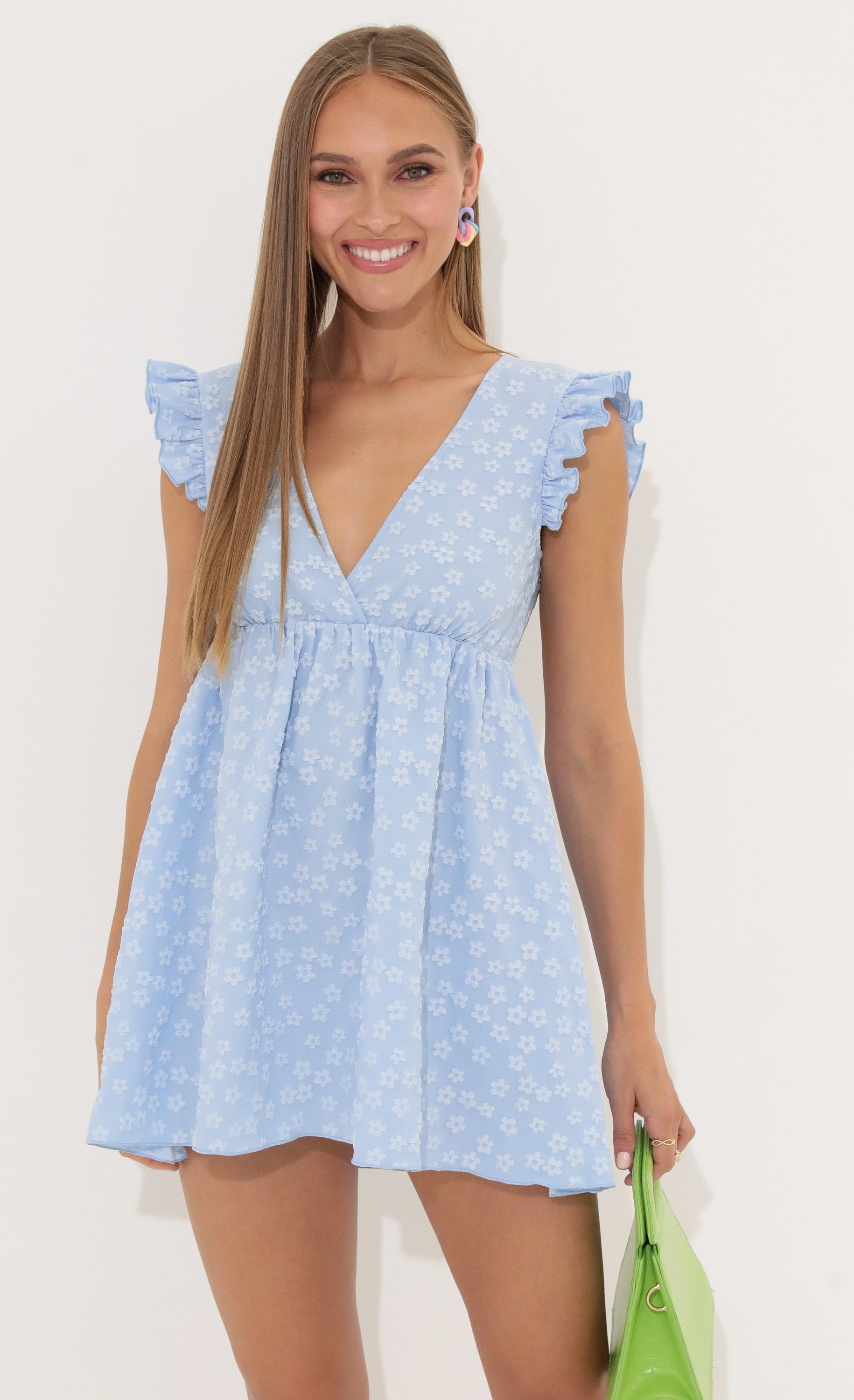 Floral Jacquard Baby Doll Dress in Blue