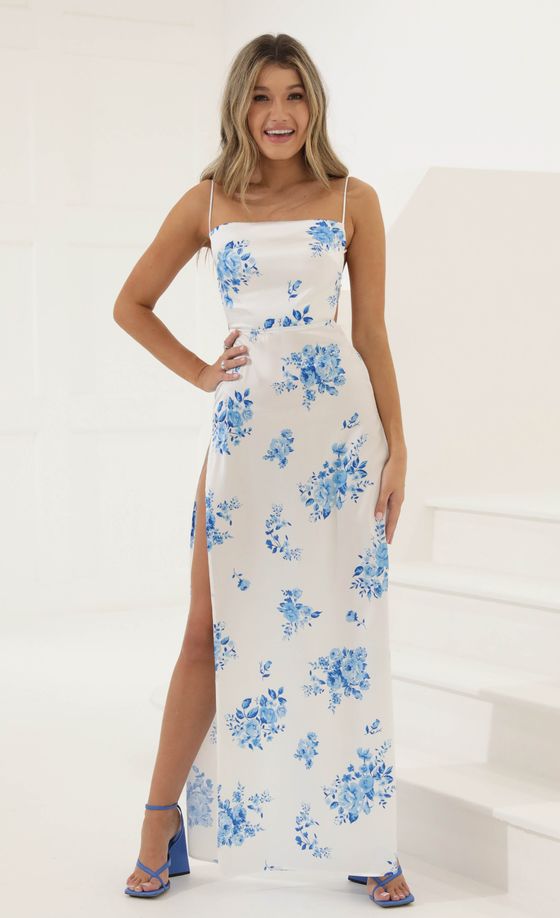 Floral Crepe Satin Maxi in White and Blue