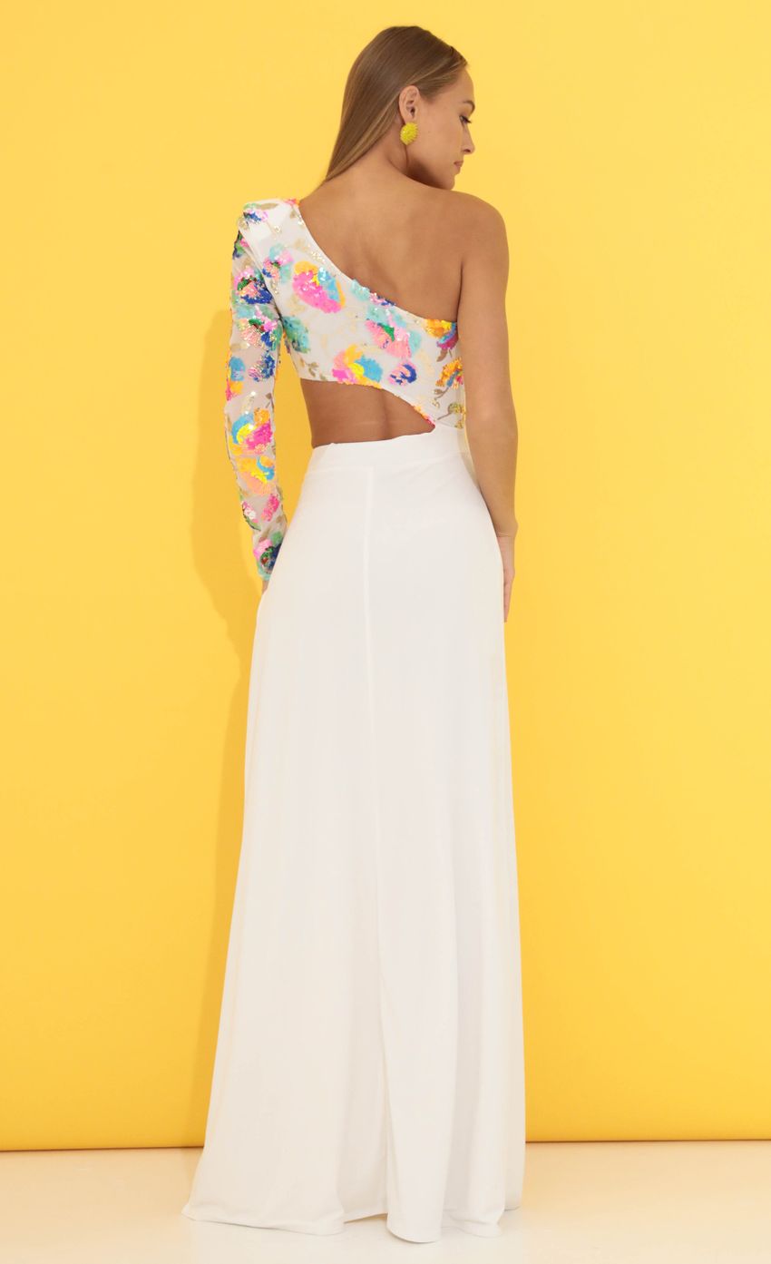 Picture One Shoulder Sequin Maxi Dress in White. Source: https://media-img.lucyinthesky.com/data/Jun22_1/850xAUTO/1V9A1744.JPG
