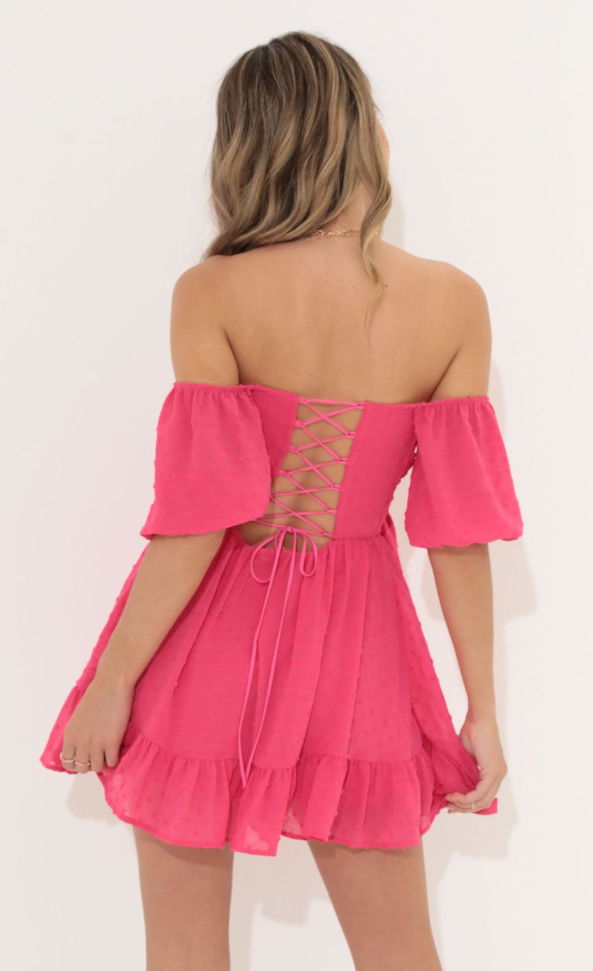 Picture Roxana Chiffon Off The Shoulder Dress in Pink. Source: https://media-img.lucyinthesky.com/data/Jun22_1/850xAUTO/1V9A3143.JPG