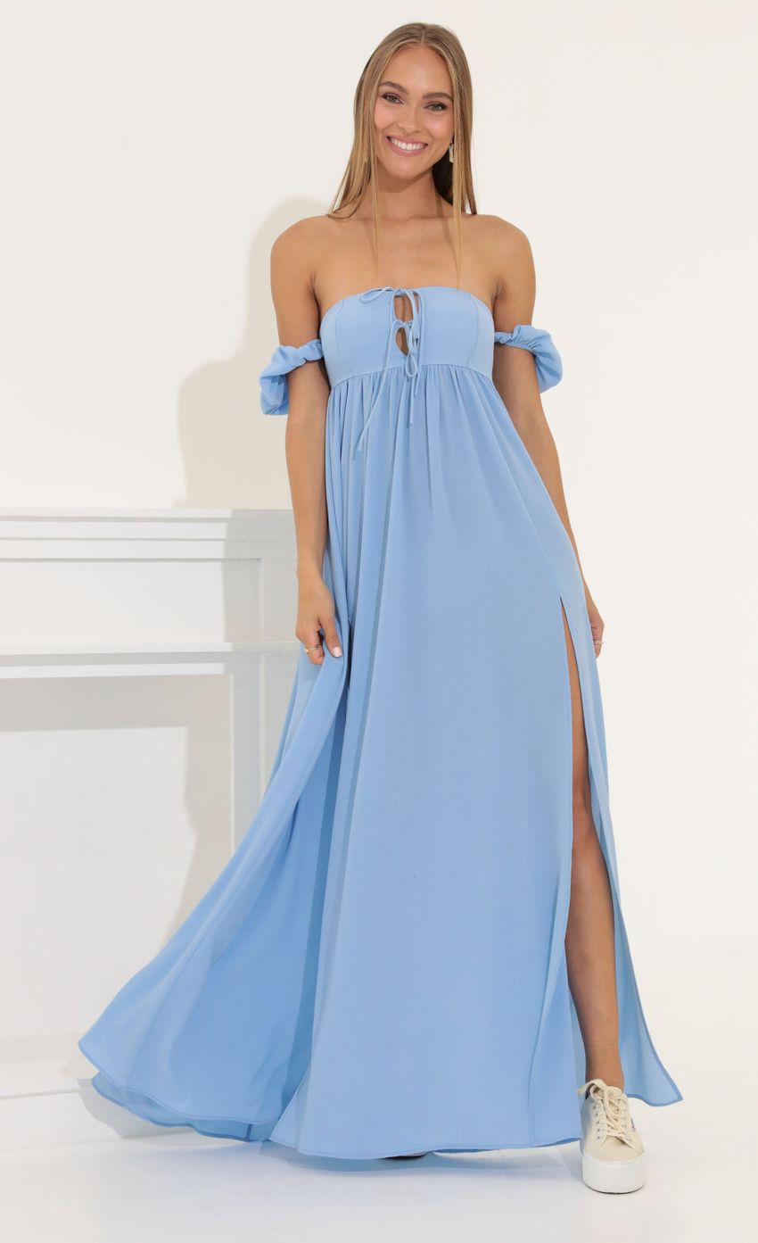 Picture Crepe Off The Shoulder Maxi in Blue. Source: https://media-img.lucyinthesky.com/data/Jun22_1/850xAUTO/1V9A3212.JPG