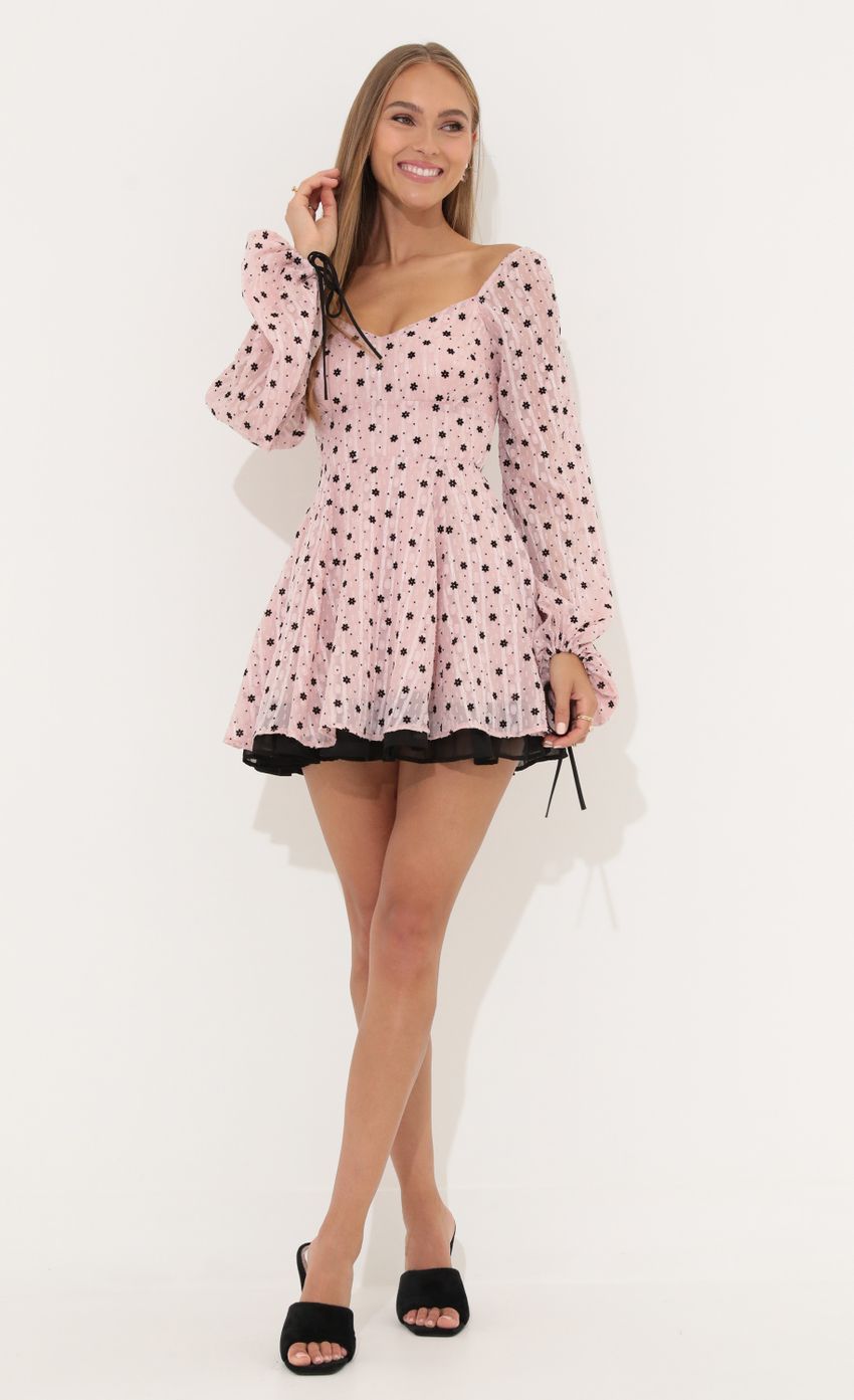 Picture Chiffon Fit and Flare Dress in Pink. Source: https://media-img.lucyinthesky.com/data/Jun22_1/850xAUTO/1V9A3421.JPG