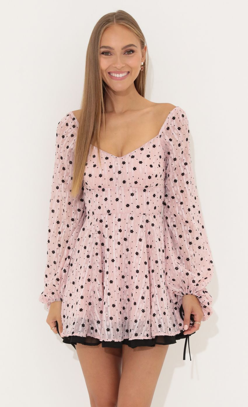 Picture Chiffon Fit and Flare Dress in Pink. Source: https://media-img.lucyinthesky.com/data/Jun22_1/850xAUTO/1V9A3458.JPG