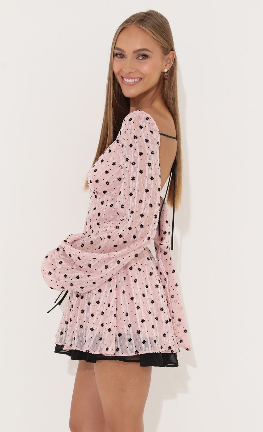Picture Chiffon Fit and Flare Dress in Pink. Source: https://media-img.lucyinthesky.com/data/Jun22_1/850xAUTO/1V9A3501.JPG
