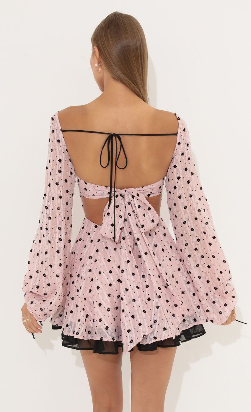 Picture Chiffon Fit and Flare Dress in Pink. Source: https://media-img.lucyinthesky.com/data/Jun22_1/850xAUTO/1V9A3559.JPG