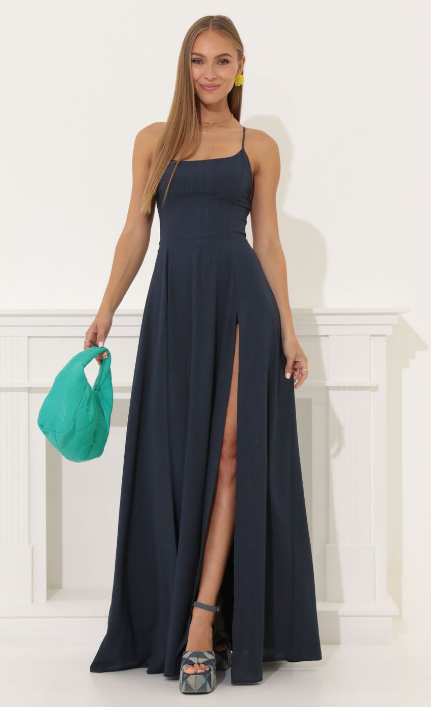 Picture Crepe Pinstripe Maxi Dress in Navy. Source: https://media-img.lucyinthesky.com/data/Jun22_1/850xAUTO/1V9A5051.JPG