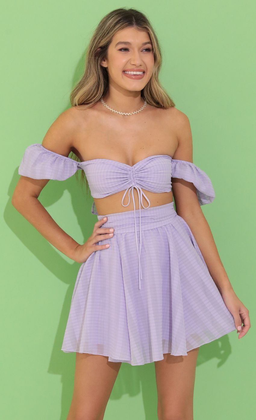 Picture Plaid Chiffon Baby Doll Two Piece Skirt Set in Purple. Source: https://media-img.lucyinthesky.com/data/Jun22_1/850xAUTO/1V9A7597.JPG
