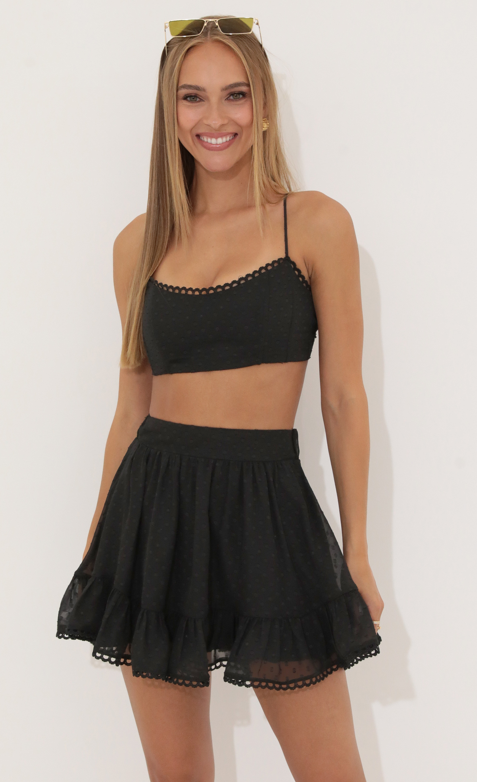 Dotted Chiffon Two Piece Skirt Set in Black