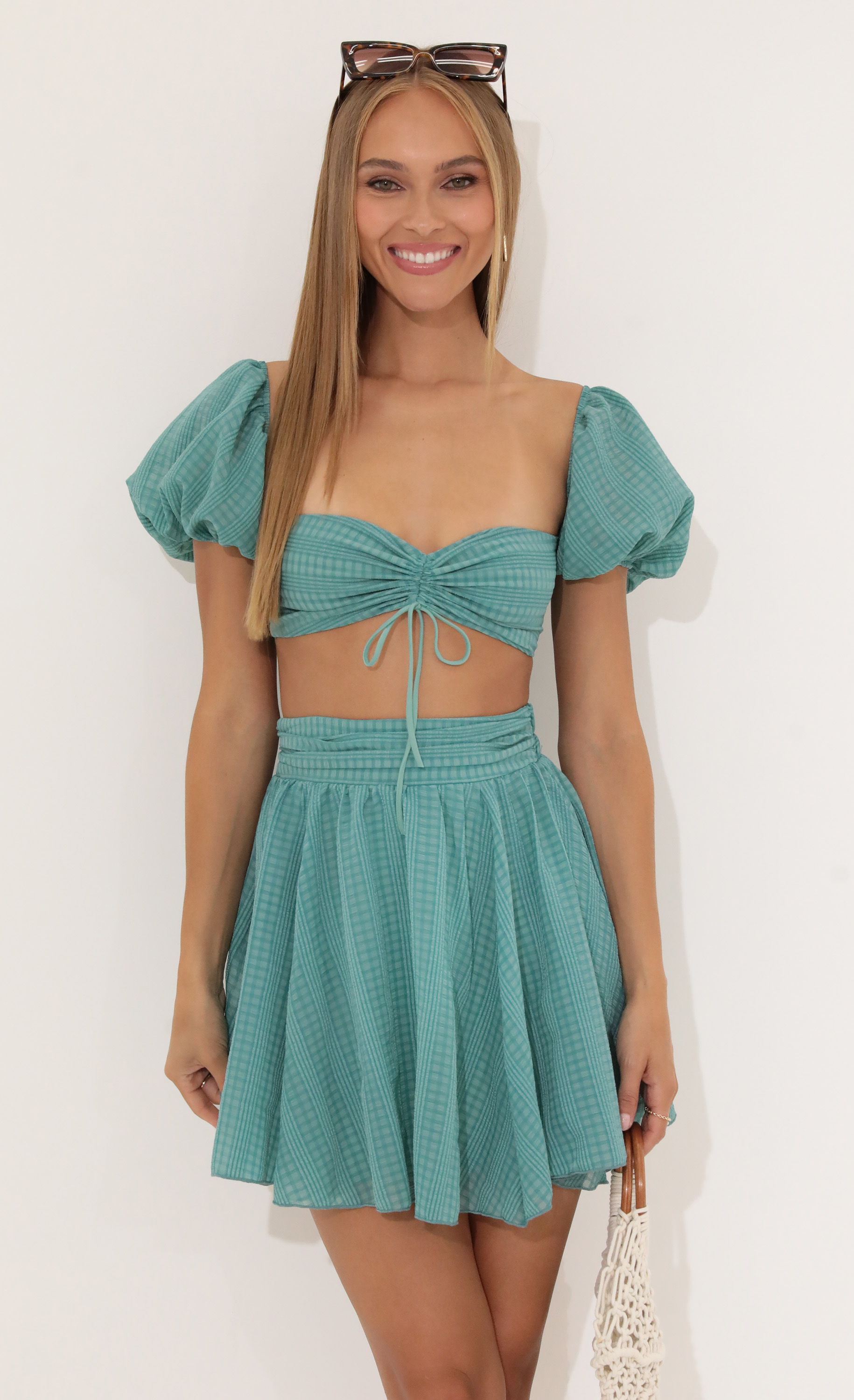 Plaid Chiffon Baby Doll Two Piece Skirt Set in Green