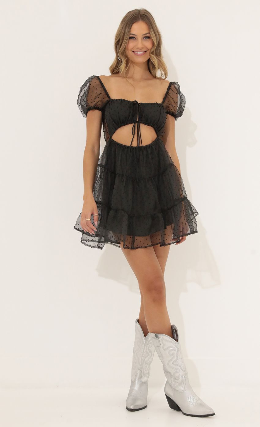 Picture Dotted Organza Dress in Black. Source: https://media-img.lucyinthesky.com/data/Jun22_2/850xAUTO/1V9A6296.JPG