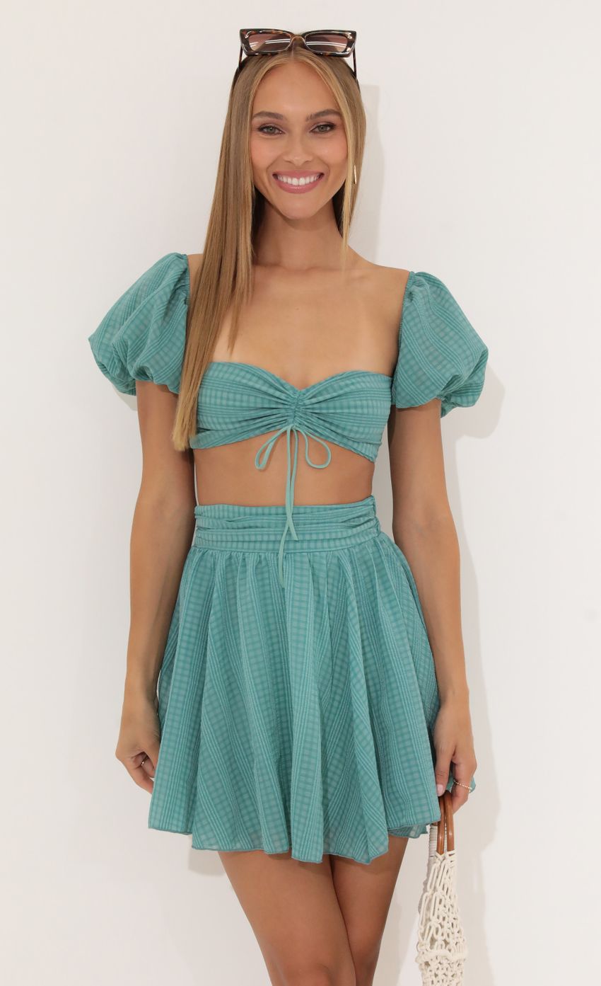 Picture Plaid Chiffon Baby Doll Two Piece Skirt Set in Green. Source: https://media-img.lucyinthesky.com/data/Jun22_2/850xAUTO/1V9A81241.JPG