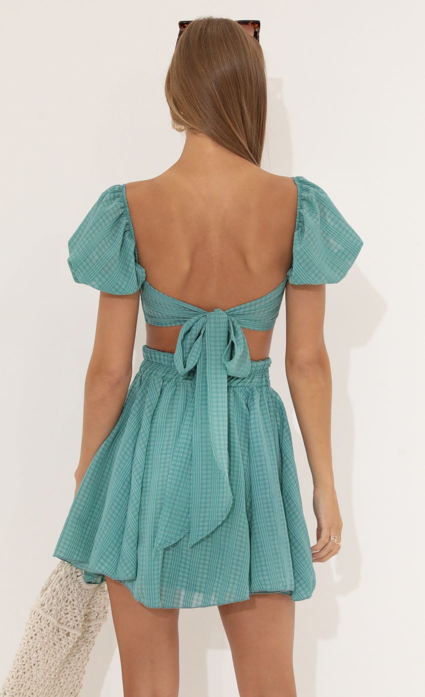 Picture Plaid Chiffon Baby Doll Two Piece Skirt Set in Green. Source: https://media-img.lucyinthesky.com/data/Jun22_2/850xAUTO/1V9A8201.JPG