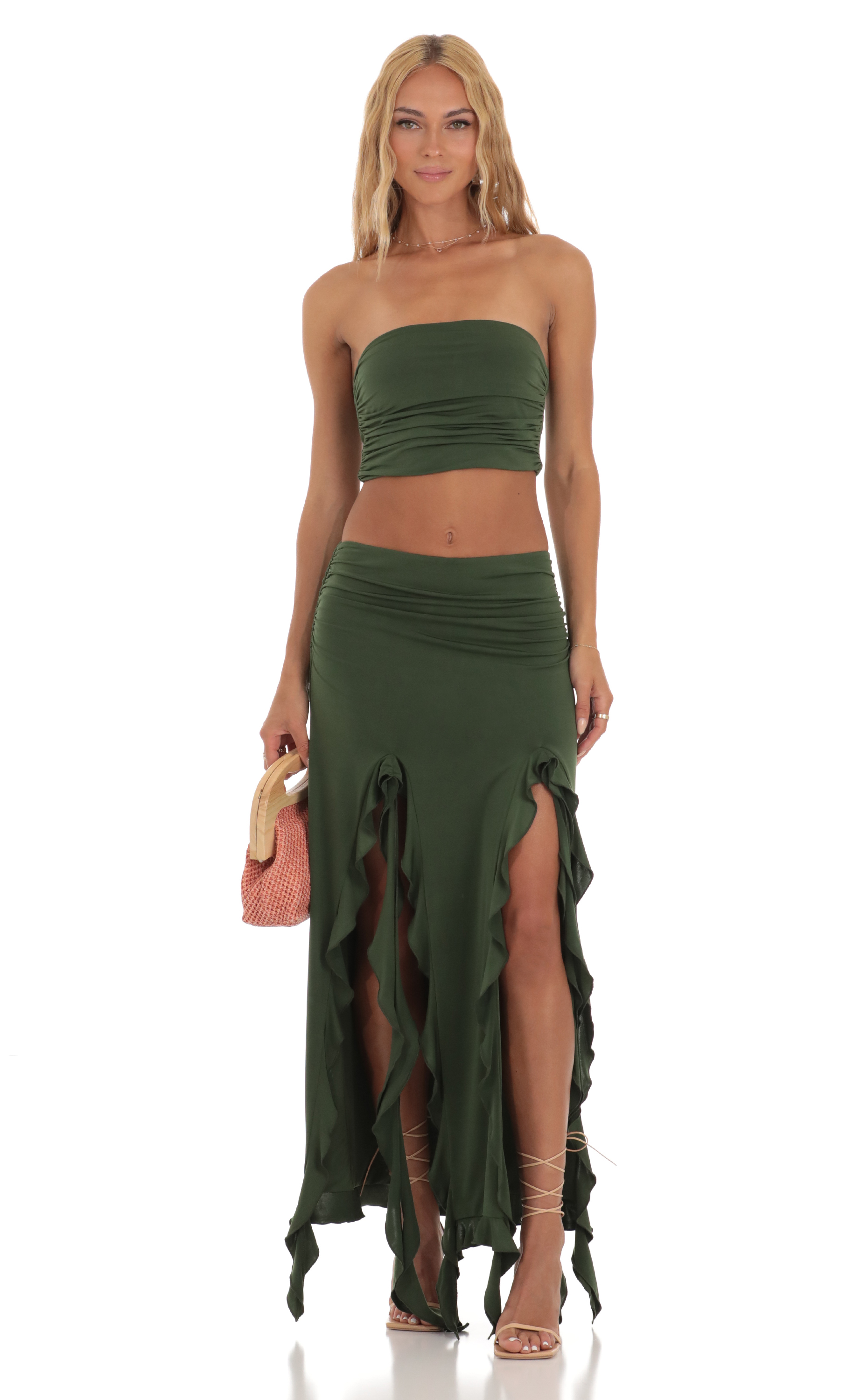 Ruffle Slit Two Piece Set in Green