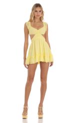 Picture Shimmer Ruffle Dress in Yellow. Source: https://media-img.lucyinthesky.com/data/Jun23/150xAUTO/3b4d6768-a99d-45e6-8f29-03b1c5abc50e.jpg