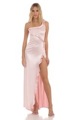 Picture Satin One Shoulder Dress in Pink. Source: https://media-img.lucyinthesky.com/data/Jun23/150xAUTO/5348031c-a252-4159-92ae-c1bb78ed49d3.jpg