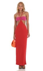 Picture Two Toned Cutout Maxi Dress in Red and Pink. Source: https://media-img.lucyinthesky.com/data/Jun23/150xAUTO/f6d33085-6af2-4aa2-91a9-c89a1367c6da.jpg