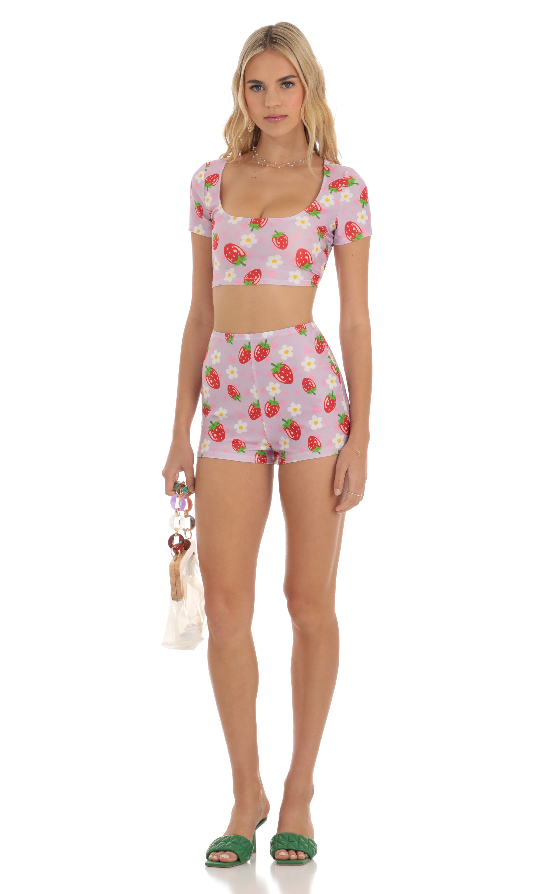 Strawberry Floral Two Piece Short Set in Purple