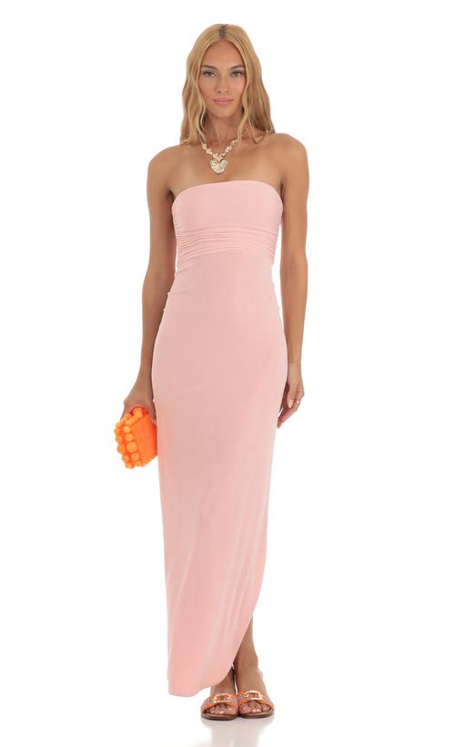 chiffon cutout ruffle maxi dress in pink Women's Baby Pink Chiffon Ruched Ruffle Maxi Dress