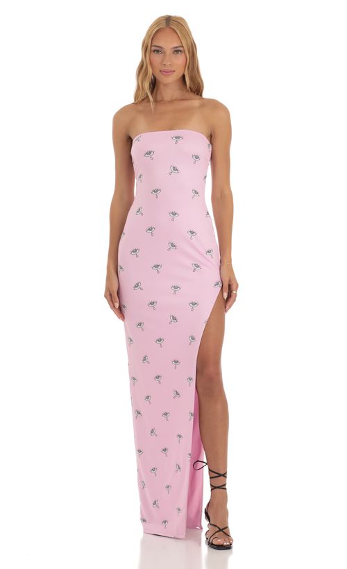 Mesh Strapless Triple Ruffle Maxi Dress in Pink | LUCY IN THE SKY