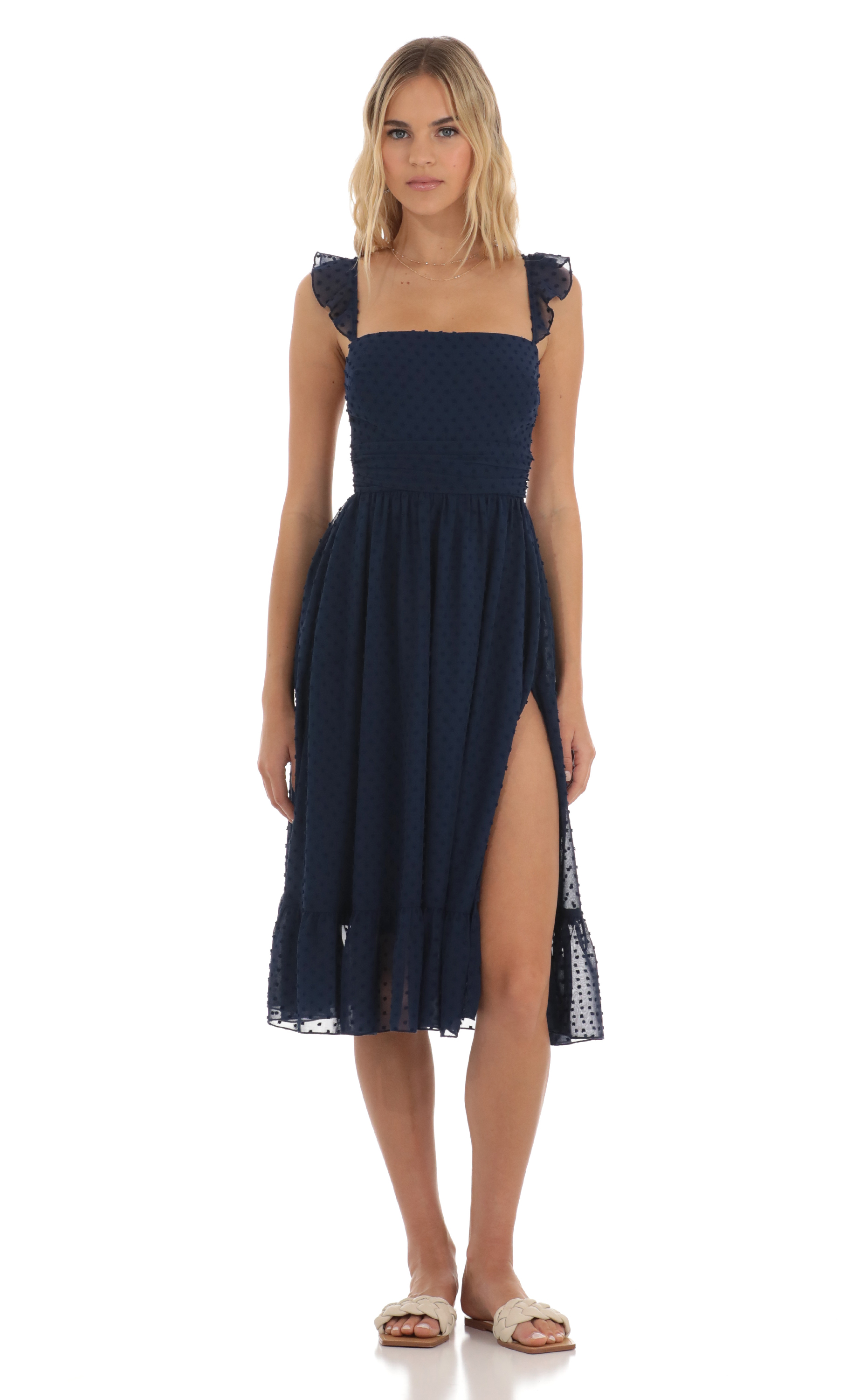 Dotted Chiffon Dress in Navy